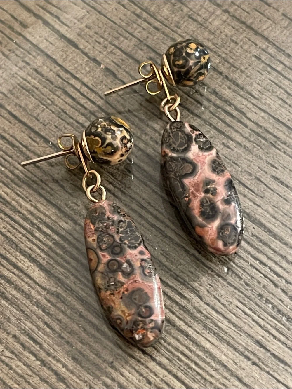 Vintage Leopard Skin Jasper Oval Dangle Drop Earrings Ball/Post Convertible
